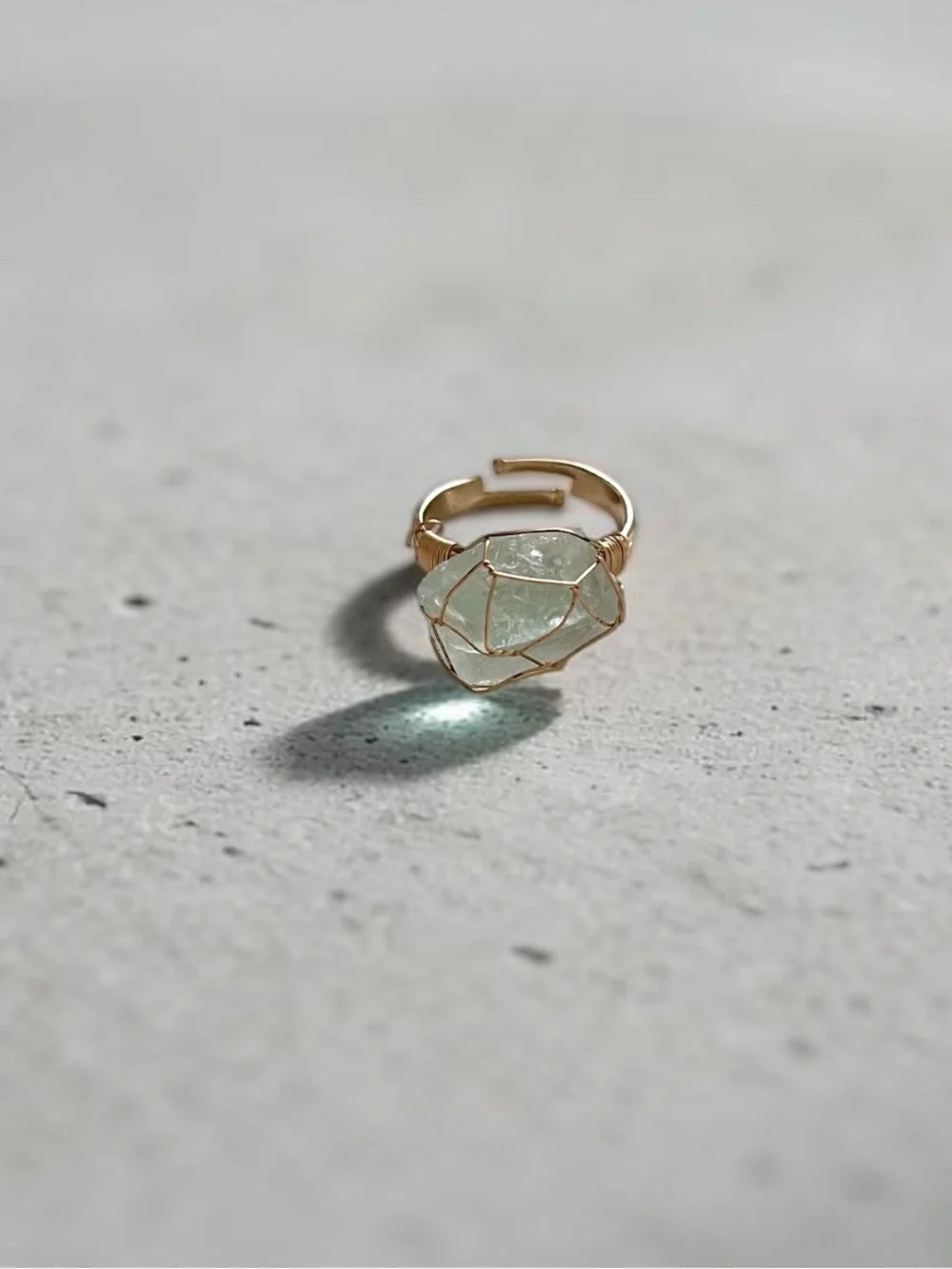 GREEN CALCITE raw cut wire wrapped natural stone adjustable gold tone ring NEW